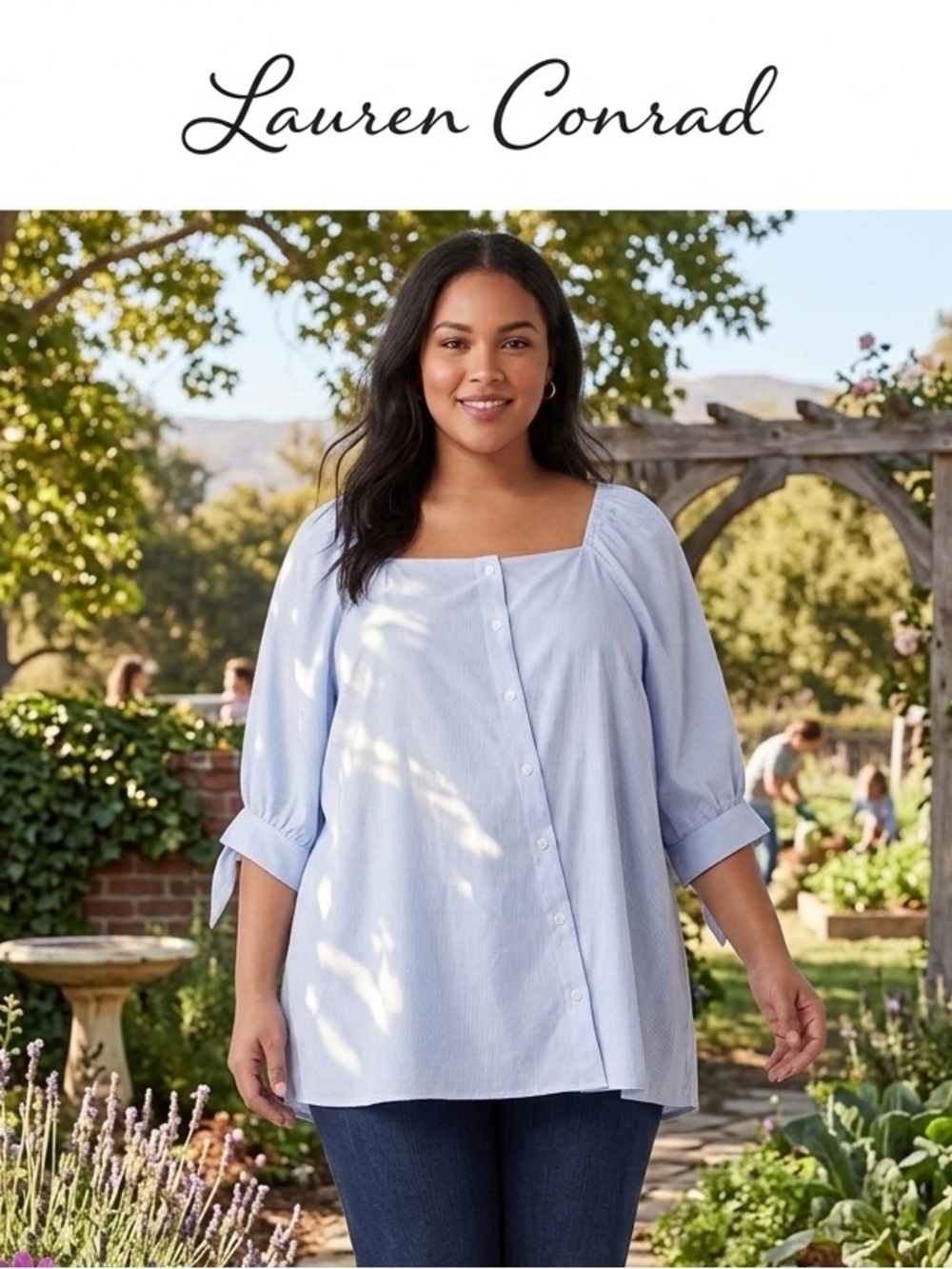 LC Lauren Conrad Pale Blue Square-Neck Button Tunic Blouse